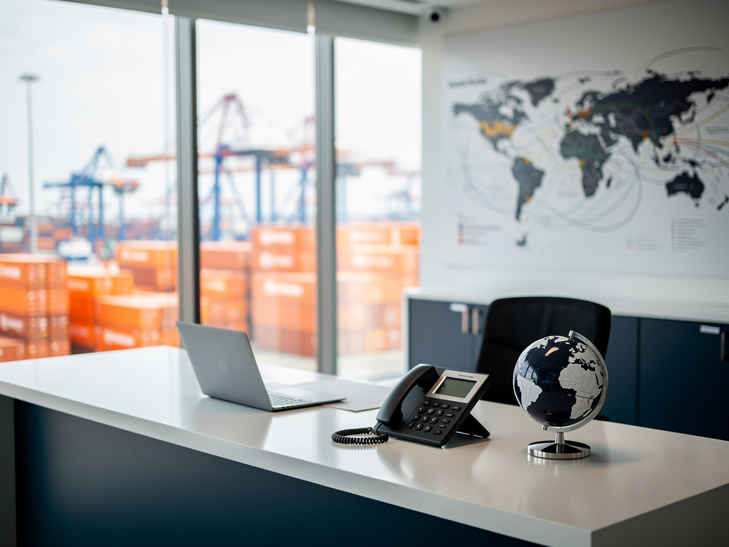 A clean front desk with a laptop, a phone and a small globe, the port visible through the glass behind, nobody in focus.