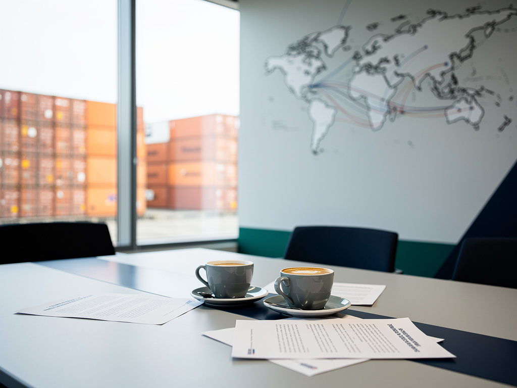 Two coffee cups and printed quotes on a meeting table, a window showing containers in soft focus.