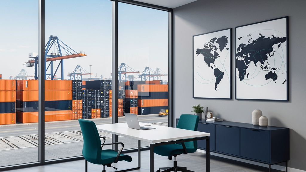 Wide view of a busy container port at daylight, orange and navy containers stacked under a clear sky with cranes in the 