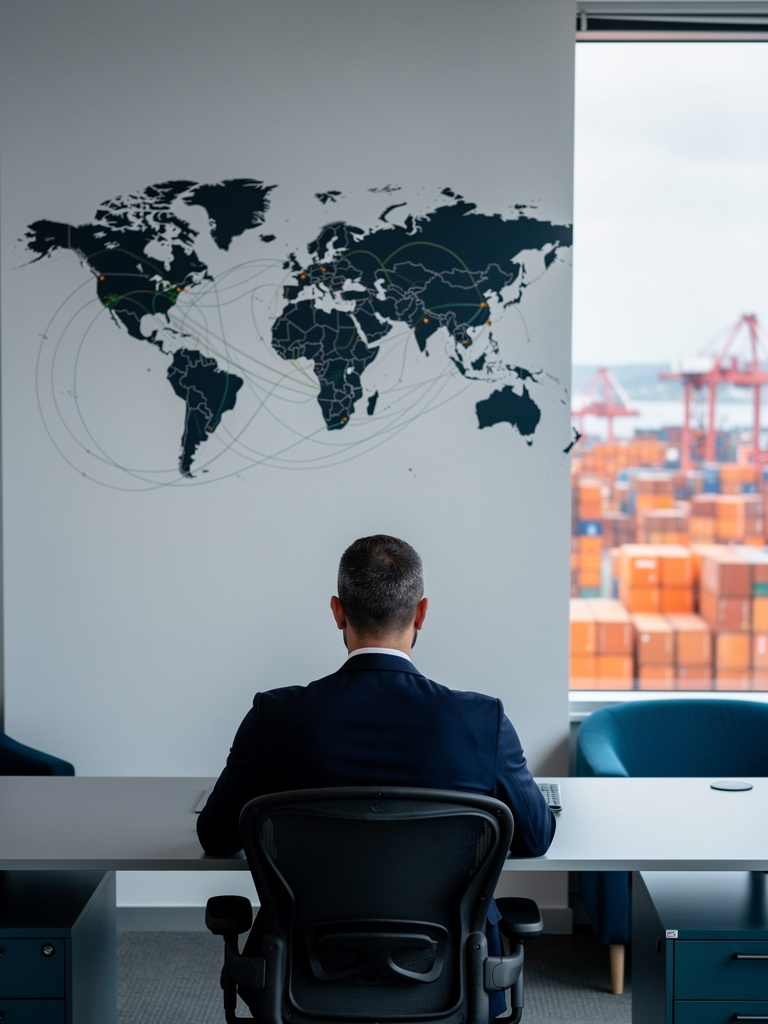 An advisor seen from behind at a light gray desk, facing a large wall map with stylized trade routes and a window to the